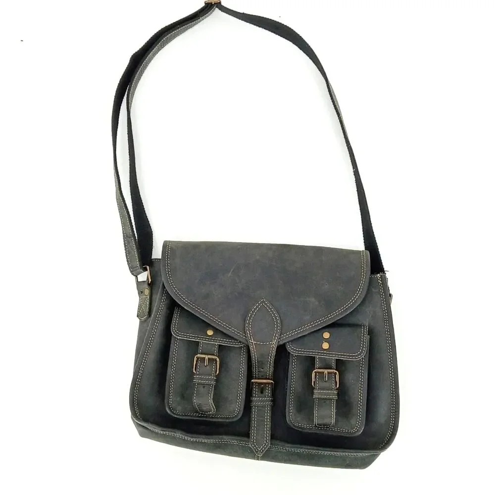KomalC Genuine Leather Crossbody Satchel Black Distressed Buckle Messenger Bag